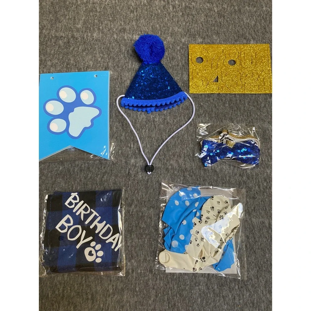 New Small Dog Birthday Party Set Blue Hat Bandana Bow Tie Banner Balloons Small